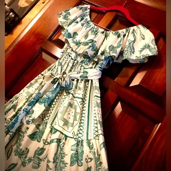 May ~ French brand | Dresses | New Nwt French Bohemian Sleeveless Off The  Shoulder Green White Maxi Dress Sm | Poshmark